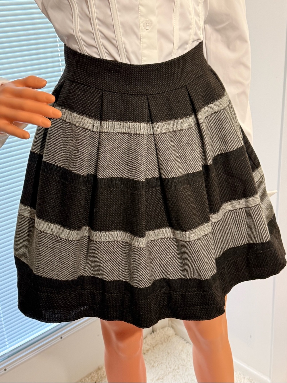 BCBGeneration Black and Gray Striped Pleated Skater Skirt